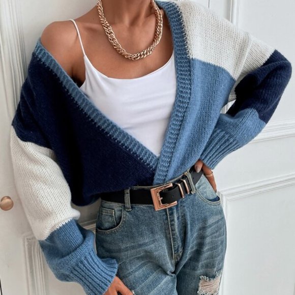 SHADES OF BLUE COLOR BLOCK CARDIGAN WINTER FALL - Picture 3 of 7